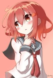 Rule 34 | 10s, 1girl, anchor symbol, blush, brown eyes, brown hair, hair ornament, hairclip, hand on own chest, ikazuchi (kancolle), kantai collection, looking to the side, neckerchief, red neckerchief, school uniform, serafuku, short hair, solo, twitter username, yakitori (yakitori06)