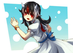 Rule 34 | 1girl, black hair, blush, cheungchz, dress, fang, horns, kijin seija, multicolored hair, open mouth, puffy sleeves, red eyes, red hair, ribbon, short hair, short sleeves, silver hair, simple background, smile, solo, touhou