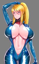 Rule 34 | 1girl, absurdres, blonde hair, blue eyes, breasts, cleavage, gluteal fold, grey background, hair between eyes, highres, large breasts, long hair, metroid, mole, mole under mouth, nintendo, parted lips, ponytail, samus aran, simple background, solo, sweat, unzipped, wolffeld price, zero suit