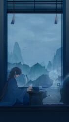 Rule 34 | 1boy, 1girl, absurdres, bird, blue hair, blue robe, blue theme, bug, butterfly, ghost, highres, insect, lanxi zhen, laojun (the legend of luoxiaohei), li qingning (the legend of luoxiaohei), long hair, long sleeves, luo xiaohei zhanji, profile, rain, robe, table, user eftj5385, very long hair, wide sleeves, window