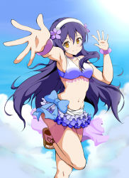 Rule 34 | 1girl, bikini, bikini skirt, blue hair, bracelet, commentary request, flower, frilled bikini, frills, frolaytia, hair between eyes, hair flower, hair ornament, hibiscus, highres, jewelry, leg up, long hair, looking at viewer, love live!, love live! school idol project, natsuiro egao de 1 2 jump!, necklace, outstretched arm, ribbon, smile, solo, sonoda umi, swimsuit, yellow eyes