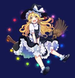 Rule 34 | 1girl, :d, apron, black dress, black footwear, blonde hair, bloomers, blush, bobby socks, bow, braid, broom, broom riding, capelet, commentary request, dress, fang, frilled dress, frills, fuji fujino, hair bow, hat, hat bow, kirisame marisa, mary janes, open mouth, puffy sleeves, shoes, short sleeves, side braid, single braid, smile, socks, solo, touhou, underwear, waist apron, wavy hair, white socks, witch hat, yellow eyes