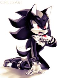 Rule 34 | 1boy, animal ears, arm support, artist name, blood, blood from mouth, blood on clothes, clenched hand, dated, fang, full body, furry, furry male, gloves, hand up, heart, highres, kneeling, male focus, monochrome, multicolored hair, open mouth, red eyes, shadow the hedgehog, shoes, signature, simple background, solo, sonic (series), spacecolonie, spot color, tail, two-tone hair, watermark, white background