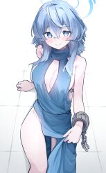 Rule 34 | 1girl, absurdres, ako (blue archive), ako (dress) (blue archive), blue archive, blue dress, blue eyes, blue hair, blue halo, blush, breasts, chain, closed mouth, commentary, cuffs, dress, feet out of frame, hair between eyes, halo, handcuffs, highres, large breasts, long hair, looking at viewer, official alternate costume, sideboob, simple background, sleeveless, sleeveless dress, smile, solo, vivo (vivo sun 0222), white background
