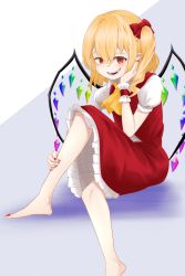 Rule 34 | 1girl, absurdres, ascot, barefoot, blonde hair, flandre scarlet, foot out of frame, frilled skirt, frills, hair between eyes, hand on own leg, highres, looking at viewer, medium hair, multicolored wings, nail polish, no headwear, open mouth, pointy ears, puffy short sleeves, puffy sleeves, red eyes, red nails, red skirt, red vest, shirt, short sleeves, side ponytail, simple background, skirt, skirt set, solo, sugarplus, teeth, touhou, vest, white shirt, wings, yellow ascot