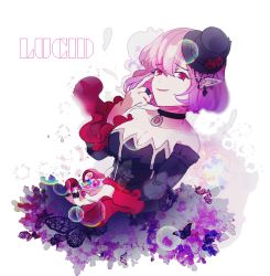 Rule 34 | bad id, bad pixiv id, breasts, bubble, bug, butterfly, character name, choker, cleavage, elf, flower, hat, hat flower, insect, jewelry, looking at viewer, lucid (maplestory), maplestory, mini hat, mini top hat, pink eyes, pink hair, pointy ears, ring, shampae62, solo, top hat, white background