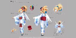 1girl arms_up back bag blonde_hair blue_eyes blush braid disgaea disgaea_rpg earrings feathered_wings flonne full_body furisode grey_background half_updo harada_takehito heart heart_earrings holding holding_bag japanese_clothes jewelry kimono long_sleeves mask mask_on_head multiple_views non-web_source obi official_art okobo open_mouth outstretched_arm outstretched_arms photoshop_(medium) profile sandals sash simple_background solo spread_arms standing text_focus turnaround white_wings wide_sleeves wings