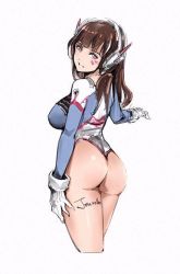 Rule 34 | 10s, 1girl, 2016, adapted costume, alternate breast size, armor, artist name, ass, bodysuit, bracer, breasts, brown eyes, brown hair, chewing gum, cowboy shot, d.va (overwatch), dated, facepaint, facial mark, from behind, gloves, headphones, high collar, highleg, highleg leotard, jon tw, large breasts, legs together, leotard, long hair, long sleeves, looking at viewer, looking back, open mouth, overwatch, overwatch 1, parted lips, pauldrons, pilot suit, pink lips, ribbed bodysuit, shoulder armor, shoulder pads, simple background, smile, solo, thong, thong leotard, whisker markings, white background, white gloves