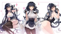 Rule 34 | 3girls, azuma (azur lane), azuma (soft voice of spring) (azur lane), azur lane, back, black dress, black gloves, black legwear, blouse, bra, bra visible through clothes, breasts, cleavage, corset, gem (symbol), dress, flower, gloves, hair between eyes, hair flower, hair ornament, hairclip, half gloves, hand on own chest, heart, high heels, highres, hyoin, jacket, jacket on shoulders, lace, lace-trimmed bra, lace trim, large breasts, looking back, multiple girls, multiple persona, official alternate costume, open mouth, pantyhose, shirt, sitting, skirt, sleeveless, sleeveless shirt, thighband pantyhose, thighhighs, underwear, white shirt, white flower, white footwear, white jacket, white skirt, yellow eyes
