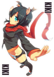 Rule 34 | 1girl, animal ears, black hair, character name, from above, green eyes, is ii, kiki (koba), original, outstretched arms, red scarf, scarf, short hair, shorts, solo, spread arms, thighhighs, zettai ryouiki