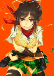 Rule 34 | 10s, 1girl, asuka (senran kagura), bad id, bad pixiv id, breasts, breasts squeezed together, brown eyes, dual wielding, fighting stance, holding, katana, large breasts, plaid, plaid skirt, ready to draw, senran kagura, skirt, solo, sweater vest, sword, thighhighs, torn clothes, vambraces, weapon, yuuji (and), zettai ryouiki