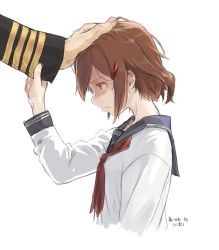 Rule 34 | 10s, 1girl, admiral (kancolle), artist name, brown eyes, brown hair, clothes grab, crying, dated, from side, frown, hair ornament, hairclip, hand on another&#039;s head, hand up, ikazuchi (kancolle), kantai collection, kawashina (momen silicon), looking down, profile, sad, school uniform, serafuku, short hair, simple background, sketch, sleeve grab, solo focus, tearing up, tears, upper body, white background