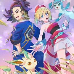 Rule 34 | 1boy, 1girl, :o, adaman (pokemon), blonde hair, blue coat, blue eyes, bracelet, brown eyes, chon chiyon, clenched hand, cloud, coat, collar, commentary request, creatures (company), day, earrings, eyebrow cut, eyelashes, falling leaves, game freak, gen 4 pokemon, glaceon, green bag, hair between eyes, hairband, hand on own hip, hand wraps, highres, irida (pokemon), jewelry, leaf, leafeon, medium hair, nintendo, open mouth, outdoors, pokemon, pokemon (creature), pokemon masters ex, ponytail, sash, shirt, shorts, sky, spread fingers, standing, strapless, strapless shirt, teeth, tongue, waist cape, watermark, white shorts