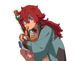 Rule 34 | 1girl, asticassia school uniform, bacon, dark-skinned female, dark skin, food, food in mouth, gundam, gundam suisei no majo, hair down, ham, highres, holding, holding food, linked sausages, long hair, looking at viewer, red hair, school uniform, solo, suletta mercury, sun 4x3, thick eyebrows, upper body, white background