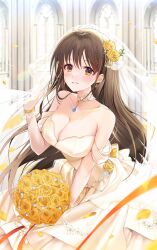 Rule 34 | 1girl, absurdres, bouquet, breasts, bridal veil, bride, brown eyes, commission, diesel (nikke), dress, flower, goddess of victory: nikke, head, highres, holding, holding bouquet, ion (on01e), jewelry, large breasts, long hair, looking at viewer, necklace, pixiv commission, smile, solo, veil, wedding dress, white dress, yellow flower