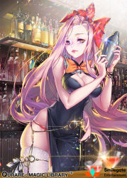 Rule 34 | 1girl, bad id, bad pixiv id, bartender, black dress, blush, bottle, bow, breasts, brown eyes, cleavage cutout, clothing cutout, cocktail glass, company name, copyright name, covered navel, cup, dress, drinking glass, glint, hair bow, hands up, indoors, long hair, looking at viewer, medium breasts, o-ring, official art, orange bow, orange neckwear, pink hair, qurare magic library, red bow, shelf, sparkle, standing, thighhighs, very long hair, white thighhighs, wine bottle, xxinainaxx