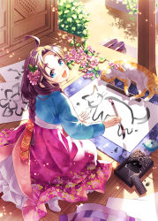 Rule 34 | 1girl, :d, ahoge, blue eyes, blush, braid, brown hair, calligraphy, calligraphy brush, cat, floral print, flower, from above, hair flower, hair ornament, hanbok, holding, inkstone, korean clothes, long hair, looking up, lying, on floor, on side, open mouth, original, paintbrush, paper, parted bangs, pink skirt, plant, ponytail, shoes, unworn shoes, silhouette, sitting, skirt, smile, teapot, very long hair, wooden floor, zenyu