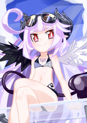 Rule 34 | 1girl, bench, bikini, breasts, bright pupils, demon girl, demon horns, demon tail, feathered wings, female focus, glass, highres, horns, makai shin trillion, navel, pink hair, red eyes, ruche, sitting on glass, small breasts, smile, solo, sunglasses on head, swimsuit, tail, tattoo, turn-s, white pupils, wings