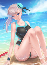 Rule 34 | 1girl, arm support, ass, asymmetrical hair, beach, black one-piece swimsuit, blue eyes, blue sky, breasts, bun cover, collarbone, competition swimsuit, day, fate/grand order, fate (series), hair bun, highleg, highleg swimsuit, highres, large breasts, long hair, miyamoto musashi (fate), miyamoto musashi (swimsuit berserker) (first ascension) (fate), ocean, one-piece swimsuit, outdoors, partially submerged, single hair bun, sky, skyde kei, solo, swimsuit