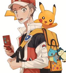 Rule 34 | 1boy, backpack, bag, baseball cap, black shirt, brown eyes, brown hair, bulbasaur, character print, charmander, commentary request, creatures (company), game freak, gen 1 pokemon, hat, highres, holding, jacket, lapras, long sleeves, male focus, nintendo, open mouth, orange bag, pikachu, pokemon, pokemon (creature), pokemon frlg, pokemon on back, popped collar, red (pokemon), red headwear, shirt, short hair, silber 1224, simple background, snorlax, squirtle, teeth, tongue, vs seeker, white background, zipper