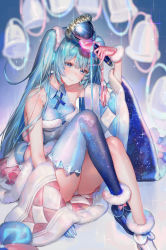 Rule 34 | 1girl, aqua hair, asymmetrical footwear, asymmetrical gloves, bare shoulders, bell, blue eyes, blue flower, blue gloves, blue thighhighs, blurry, blush, breasts, depth of field, detached sleeves, dress, feet out of frame, flower, fur-trimmed footwear, fur-trimmed gloves, fur trim, gloves, hair ornament, hand up, hatsune miku, highres, holding, holding bell, knees up, looking at viewer, magical mirai (vocaloid), magical mirai miku, magical mirai miku (2020 winter), mismatched footwear, mismatched gloves, oohhya, panties, pantyshot, pinky out, red gloves, shawl, single thighhigh, sitting, smile, sparkle, starry sky print, thighhighs, twintails, two-tone bow, underwear, vocaloid, white footwear, white panties