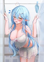 Rule 34 | 1girl, ahoge, blue hair, blush, breasts, camisole, cleavage, collarbone, colored tips, elf, hair between eyes, hair ornament, heart, heart ahoge, hololive, large breasts, long hair, looking at viewer, multicolored hair, open mouth, pointy ears, skirt, solo, streaked hair, virtual youtuber, wasami, white camisole, white skirt, yellow eyes, yukihana lamy