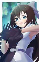 Rule 34 | 1girl, absurdres, armpits, belt, black gloves, blue eyes, bow, brown hair, dress, drop earrings, earrings, evening gown, gloves, grey belt, hair bow, highres, huge bow, idol clothes, jewelry, lace, lace gloves, long hair, looking at viewer, love live!, love live! nijigasaki high school idol club, makimaki, off-shoulder dress, off shoulder, open mouth, osaka shizuku, sleeveless, sleeveless dress, smile, solitude rain (love live!), solo, two-tone dress, upper body, white bow