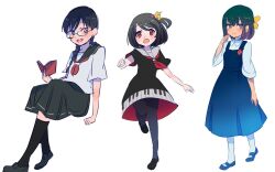 Rule 34 | 3girls, black dress, black eyes, black footwear, black hair, black pantyhose, black sailor collar, black skirt, black socks, blue dress, blue footwear, blush, book, braid, brown hair, butterfly hair ornament, clenched hand, closed mouth, collared shirt, commentary request, crossed legs, dress, full body, glasses, gradient dress, gradient hair, hair bobbles, hair ornament, hanada hyou, hand in own hair, holding, holding book, keyboard print, kneehighs, ladybug brooch, leg up, lightning bolt, lightning bolt hair ornament, lightning bolt symbol, long hair, looking at viewer, low twin braids, mary janes, medium skirt, multicolored hair, multiple girls, neckerchief, one side up, open book, open mouth, original, pantyhose, red eyes, red neckerchief, round eyewear, sailor collar, sailor shirt, school uniform, shirt, shoes, short dress, short sleeves, sitting, skirt, sleeveless, sleeveless dress, smile, socks, space print, starry sky print, twin braids, white pantyhose, white sailor collar, white shirt, wide sleeves, yellow eyes
