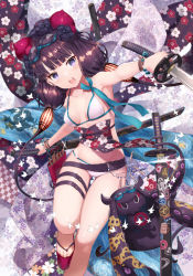 Rule 34 | 1girl, bare shoulders, beads, bikini, blush, bracelet, breasts, calligraphy brush, cleavage, collarbone, fate/grand order, fate (series), floral print, gabiran, goggles, goggles on head, jewelry, katana, katsushika hokusai (fate), katsushika hokusai (swimsuit saber) (fate), looking at viewer, medium breasts, multiple swords, navel, octopus, open mouth, paintbrush, purple eyes, purple hair, short hair with long locks, sidelocks, swimsuit, sword, thigh strap, thighs, tokitarou (fate), weapon, white bikini