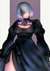 Rule 34 | 1girl, 2b (nier:automata), absurdres, black hair, blindfold, breasts, cleavage, cleavage cutout, clothing cutout, covered eyes, cowboy shot, dress, facing viewer, hairband, highres, kujuu shikuro, nier:automata, nier (series), purple background, short hair, silver hair, solo, turtleneck, turtleneck dress, white background