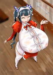 Rule 34 | 10s, 1girl, blue hair, breasts, bursting breasts, covered erect nipples, dungeon ni deai wo motomeru no wa machigatteiru darou ka, closed eyes, female focus, from above, gigantic breasts, hair ornament, hestia (danmachi), highres, long hair, long twintails, maid, maid headdress, nuranuha, ribbon, smile, solo, standing, straining buttons, thighhighs, twintails, white thighhighs