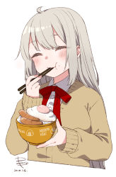 Rule 34 | 1girl, ahoge, beige sweater, blush, bowl, chopsticks, chopsticks in mouth, closed eyes, commentary, dated, eating, egg, egg (food), food, food on face, food print, highres, holding, holding bowl, holding chopsticks, kizuna akari, long hair, neck ribbon, onigiri print, red ribbon, ribbed sweater, ribbon, rice, rice on face, sausage, signature, silver hair, solo, sunny side up egg, sweater, upper body, very long hair, voiceroid, yamada sakura