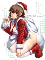 Rule 34 | 1girl, bikini, boots, breasts, brown hair, caryo, christmas, cross, cross earrings, earrings, english text, engrish text, glasses, hat, jewelry, large breasts, necktie, ranguage, red eyes, sack, santa boots, santa costume, santa hat, solo, swimsuit, tabigarasu, thighhighs, white thighhighs