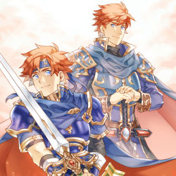 Rule 34 | 2boys, armor, blue armor, blue eyes, breastplate, cape, father and son, fire emblem, fire emblem: the binding blade, fire emblem: the blazing blade, holding, holding sword, holding weapon, looking at viewer, male focus, multiple boys, nintendo, pauldrons, red hair, shoulder armor, smile, sword, weapon