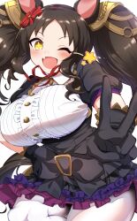 Rule 34 | + +, 1girl, absurdres, animal ears, black hair, blush, breasts, commentary request, fang, gloves, hair ornament, highres, horse ears, large breasts, looking at viewer, maou (maoudaisukiya), marvelous sunday (umamusume), one eye closed, open mouth, simple background, solo, thighs, twintails, umamusume, white background, yellow eyes