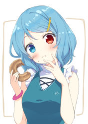 Rule 34 | 1girl, :i, adapted costume, blue dress, blue eyes, blue hair, blush, bracelet, breasts, closed mouth, commentary request, doughnut, dress, eating, food, food on face, hair ornament, hairclip, hands up, head tilt, heterochromia, highres, holding, holding food, jewelry, looking at viewer, medium breasts, nnyara, red eyes, short hair, sleeveless, sleeveless dress, solo, tatara kogasa, touhou, upper body
