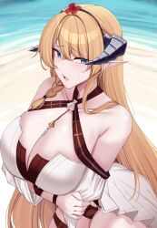 Rule 34 | 1girl, absurdres, arknights, bare shoulders, blonde hair, blue eyes, blush, breasts, casual one-piece swimsuit, cleavage, dragon horns, flower, hair ornament, hairband, highres, horns, kanta (kanta 077), large breasts, long hair, looking at viewer, ocean, official alternate costume, one-piece swimsuit, pointy ears, saileach (arknights), saileach (summer flowers) (arknights), solo, swimsuit, very long hair