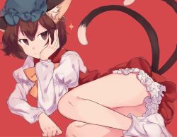Rule 34 | 1girl, animal ears, bad id, bad twitter id, bonnet, bow, bowtie, brown eyes, brown hair, cat ears, cat tail, chen, closed mouth, dress, earrings, grey hat, hand on own face, hat, jewelry, juliet sleeves, long sleeves, looking at viewer, lying, mob cap, multiple tails, nekomata, on side, puffy sleeves, red background, red dress, short hair, single earring, socks, solo, sparkle, tail, touhou, two tails, white socks, yellow bow, yellow bowtie, yuusei tsukiro