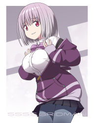 Rule 34 | 10s, 1girl, black skirt, breasts, copyright name, from side, gridman universe, grin, haruna mao, jacket, large breasts, light purple hair, long sleeves, looking at viewer, off shoulder, pleated skirt, purple jacket, red eyes, shinjou akane, shirt, short hair, skirt, smile, solo, ssss.gridman, white shirt