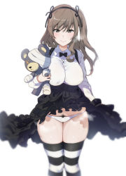 Rule 34 | 1girl, alternate breast size, bad id, bad pixiv id, black bow, black ribbon, black skirt, black thighhighs, boko (girls und panzer), bow, bowtie, breasts, brown eyes, brown hair, closed mouth, clothes lift, collared shirt, cosplay, female pubic hair, girls und panzer, hair ribbon, high-waist skirt, holding, holding stuffed toy, ikuchan kaoru, large breasts, lifting own clothes, long hair, long sleeves, looking at viewer, panties, pubic hair, revision, ribbon, shimada arisu, shimada arisu (cosplay), shimada chiyo, shirt, simple background, skindentation, skirt, skirt lift, smile, solo, striped clothes, striped thighhighs, stuffed animal, stuffed toy, suspender skirt, suspenders, teddy bear, thighhighs, underwear, white background, white panties, white shirt, white thighhighs