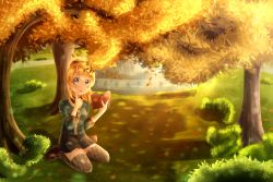 Rule 34 | 1girl, absurdres, aqua shirt, artist request, autumn leaves, ayase eli, black bow, black skirt, blonde hair, blue eyes, blush, book, bow, breasts, day, female focus, fluffy mouse, full body, grass, grey legwear, hair between eyes, hair bow, highres, holding, holding book, long hair, looking at viewer, love live!, love live! school idol project, outdoors, parted lips, ponytail, shirt, shoes, sitting, skirt, small breasts, solo, tree, yellow leaves