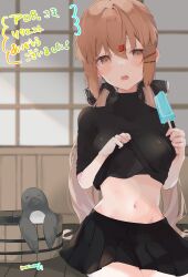 Rule 34 | 1girl, absurdres, bird, black ribbon, black shirt, black skirt, blush, breasts, brown eyes, brown hair, bucket, clothes lift, food, hair between eyes, hair ornament, hair ribbon, hairclip, highres, holding, kantai collection, lifted by self, long hair, looking at viewer, low twintails, medium breasts, open mouth, pleated skirt, popsicle, raymie0124, ribbon, second-party source, shirt, shirt lift, sitting, skirt, solo, sweat, tashkent (kancolle), twintails, wooden bucket