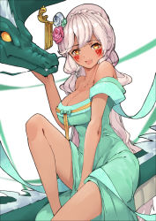 Rule 34 | 1girl, aduo, black skin, breasts, cleavage, colored skin, crossed bangs, dark-skinned female, dark skin, dress, facial tattoo, feet out of frame, green dress, grin, guardian tales, hair ornament, highres, ice witch lupina, large breasts, long hair, official alternate costume, sleeveless, smile, tattoo, white background, white hair, yellow eyes