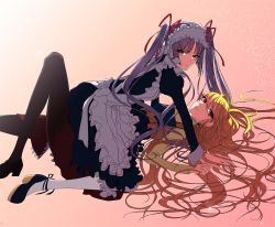 Rule 34 | 1boy, 1girl, amawashi (1004), ame no kisaki academy school uniform, backlighting, black pantyhose, blonde hair, commentary request, crossdressing, girl on top, hair ribbon, highres, juliet sleeves, long hair, long sleeves, looking at viewer, lying, maid, maid headdress, maria holic, mole, mole under eye, on back, pantyhose, puffy sleeves, red eyes, red ribbon, ribbon, school uniform, shidou mariya, shinouji matsurika, silver hair, trap, twintails, very long hair, white pantyhose, yellow eyes