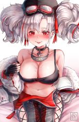 Rule 34 | 1girl, :p, absurdres, areola slip, arm behind back, arm support, armpit crease, azur lane, bare shoulders, black choker, black gloves, black tank top, blush, breasts, chain, chain necklace, choker, cleavage, clothing cutout, coat, collarbone, commentary, cowboy shot, crop top, cropped shirt, cross, dime-san, fingerless gloves, fur-trimmed coat, fur trim, gloves, goggles, goggles on head, grey overalls, hair between eyes, highres, iron cross, jewelry, large breasts, long hair, looking at viewer, midriff, multicolored hair, navel, necklace, off shoulder, open overalls, overalls, parted bangs, prinz adalbert (azur lane), red eyes, red hair, shirt, sidelocks, simple background, sitting, smile, solo, streaked hair, sweat, tank top, thigh cutout, tongue, tongue out, torn clothes, torn shirt, twintails, white background, white coat, white hair