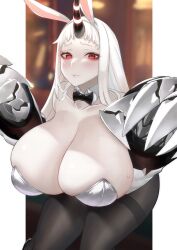 Rule 34 | 1girl, absurdres, abyssal ship, alternate costume, animal ears, black bow, black bowtie, black pantyhose, blood hood, bow, bowtie, breasts, claws, collarbone, colored skin, detached collar, fake animal ears, hairband, highres, horns, huge breasts, kantai collection, leotard, long hair, pantyhose, playboy bunny, rabbit ears, red eyes, seaport princess, single horn, solo, strapless, strapless leotard, thighband pantyhose, traditional bowtie, very long hair, white hair, white hairband, white leotard, white skin