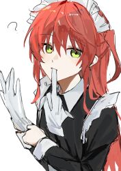 Rule 34 | 1girl, ?, black dress, bocchi the rock!, collared dress, dress, glove in mouth, gloves, green eyes, hair between eyes, highres, kita ikuyo, long hair, long sleeves, looking at viewer, maid, maid headdress, mouth hold, one side up, putting on gloves, red hair, shiro (siro kuten), simple background, solo, upper body, white background, white gloves