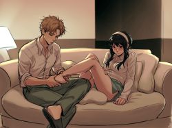 Rule 34 | 1boy, 1girl, black hair, blonde hair, blush, breasts, ceejles, couch, foot massage, hairband, highres, holding foot, legs, long hair, massage, on couch, pants, sandals, shirt, sitting, spy x family, twilight (spy x family), yor briar