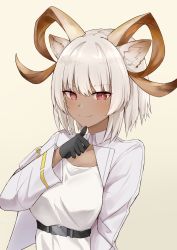 Rule 34 | 1girl, absurdres, animal ears, arknights, beige background, black gloves, carnelian (arknights), chinese commentary, cropped jacket, dark-skinned female, dark skin, gloves, goat ears, goat girl, goat horns, highres, horns, jacket, mango (mgo), pointing, pointing at self, red eyes, shirt, short hair, simple background, solo, upper body, white hair, white jacket, white shirt