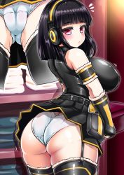 Rule 34 | 1girl, :/, ^^^, arched back, armband, ass, beatmania, beatmania iidx, black shirt, black skirt, black thighhighs, blunt bangs, blush, breasts, cameltoe, closed mouth, cowboy shot, cropped legs, detached sleeves, from side, garter straps, gluteal fold, headphones, hinazuki ririna, holding, ini (mocomocccos), large breasts, motion lines, multiple views, panties, pleated skirt, red eyes, shirt, short hair, skirt, thighhighs, towel, underwear, wedgie, white panties
